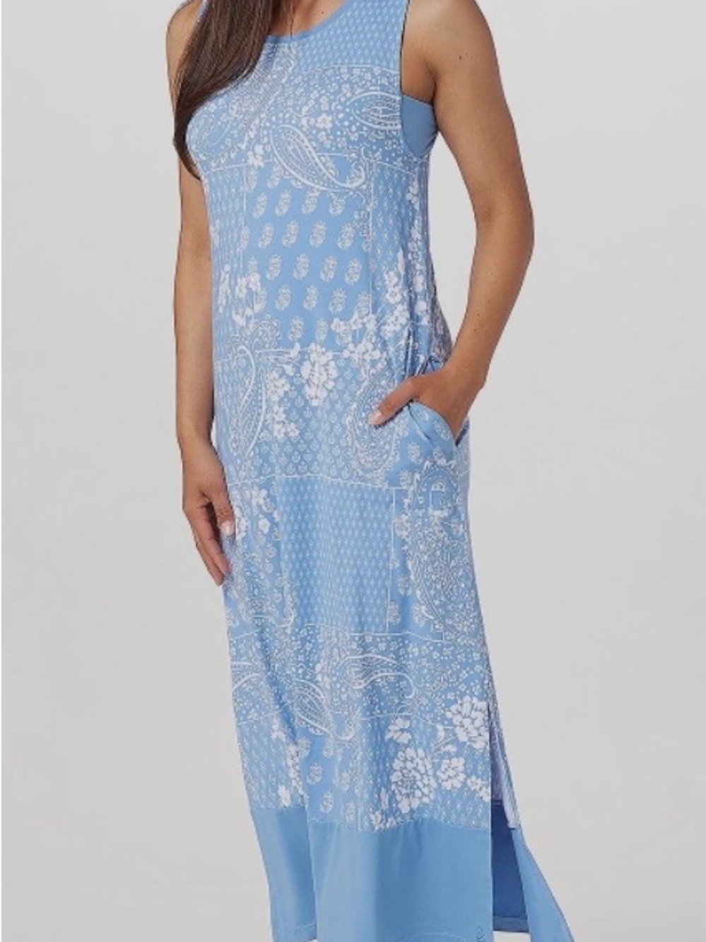 Cuddl Duds Light Blue Paisley-Print Maxi Chemise with Pockets
